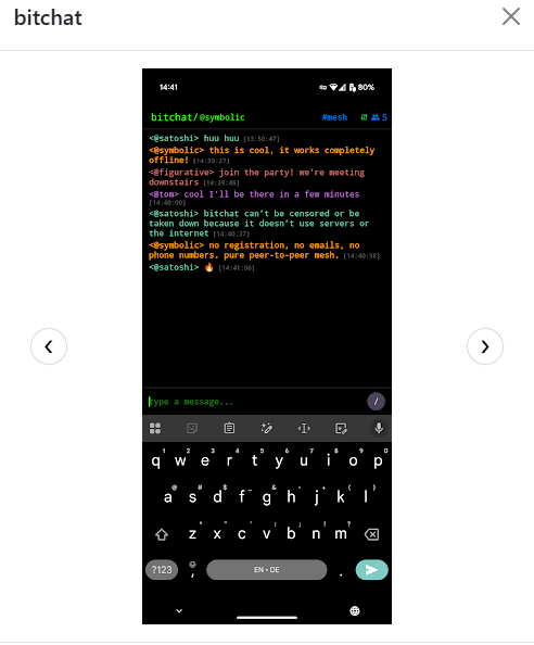 captura de un chat de conversaciones sobre Bitchat en un fondo negro.
