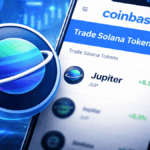 Una moneda física del token Jupiter junto a un celular que muestra la app de Coinbase.