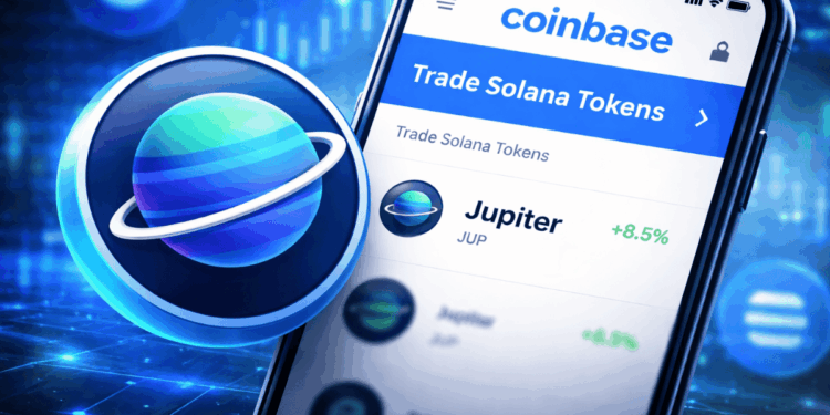 Una moneda fรญsica del token Jupiter junto a un celular que muestra la app de Coinbase.