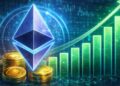 El logo de Ethereum juno a monedas doradas y un gráfico de barras ascendente.