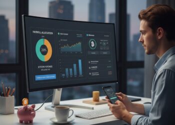 Una persona sentada frente a una computadora comprando bitcoin.