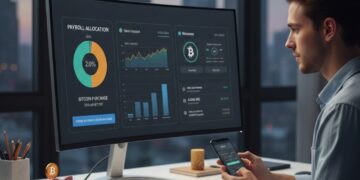 Una persona sentada frente a una computadora comprando bitcoin.