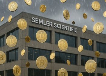 Edificio que tiene el nombre de Semler Scientific con monedas físícas de bitcoin cayendo como lluvia.