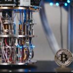 Moneda física de bitcoin dorada al lado de una computadora cuántica sobre un escritorio en un laboratorio.