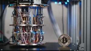 Moneda física de bitcoin dorada al lado de una computadora cuántica sobre un escritorio en un laboratorio.
