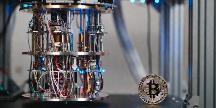 Moneda física de bitcoin dorada al lado de una computadora cuántica sobre un escritorio en un laboratorio.