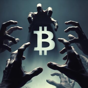Manos sombrías como garras cerniéndose sobre un logo de bitcoin.