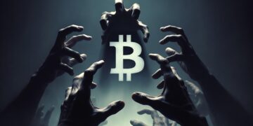 Manos sombrías como garras cerniéndose sobre un logo de bitcoin.