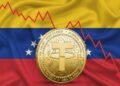 Moneda física de USDT dorada con la bandera de Venezuela detrás y una gráfica en rojo.