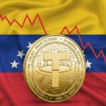 Moneda física de USDT dorada con la bandera de Venezuela detrás y una gráfica en rojo.