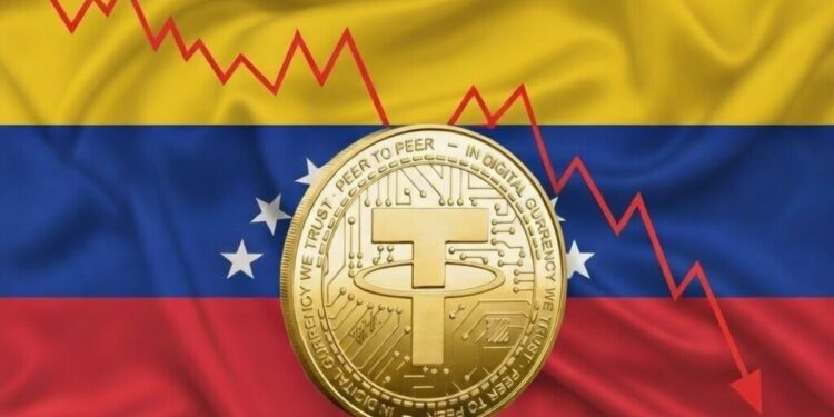 Moneda física de USDT dorada con la bandera de Venezuela detrás y una gráfica en rojo.