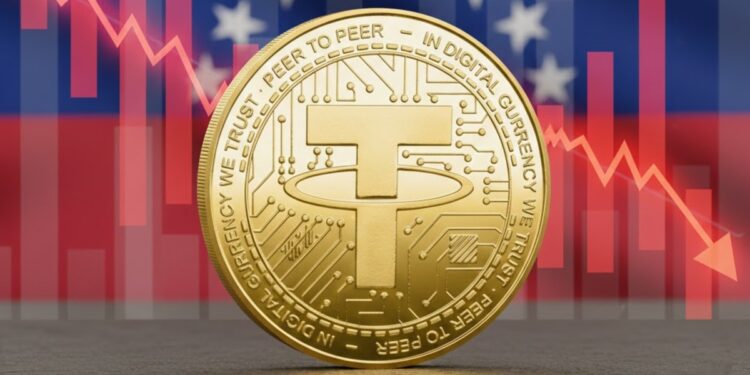 Moneda física de USDT dorada con la bandera de Venezuela detrás y una gráfica en rojo.