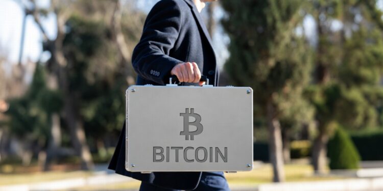 Persona con maletรญn que tiene grabado el logo de bitcoin.