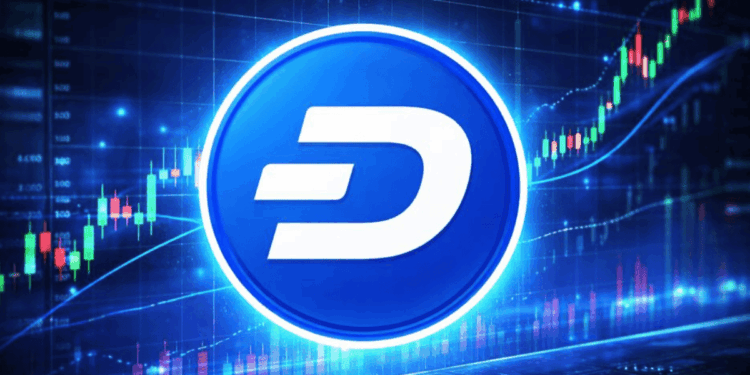 El logo de la criptomoneda dash delante de un gráfico de precios.