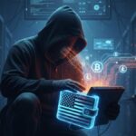 Una persona encapuchada robando criptomonedas de una cartera que tiene grabada la bandera de EE. UU.