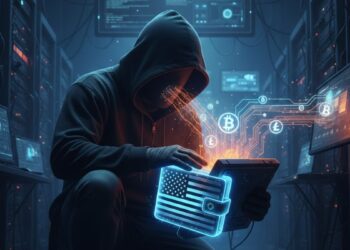 Una persona encapuchada robando criptomonedas de una cartera que tiene grabada la bandera de EE. UU.