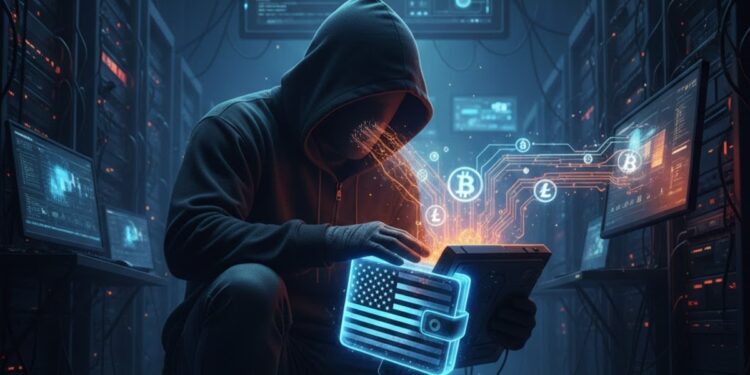 Una persona encapuchada robando criptomonedas de una cartera que tiene grabada la bandera de EE. UU.
