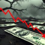 billetes de dólares y gráfico rojo en caída con escenario de terror