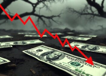 billetes de dólares y gráfico rojo en caída con escenario de terror