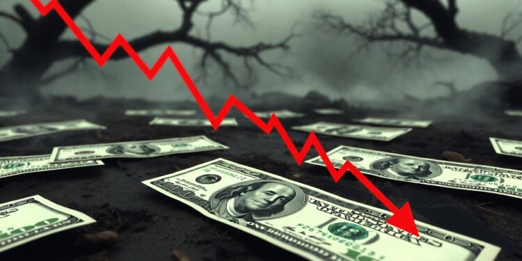 billetes de dólares y gráfico rojo en caída con escenario de terror