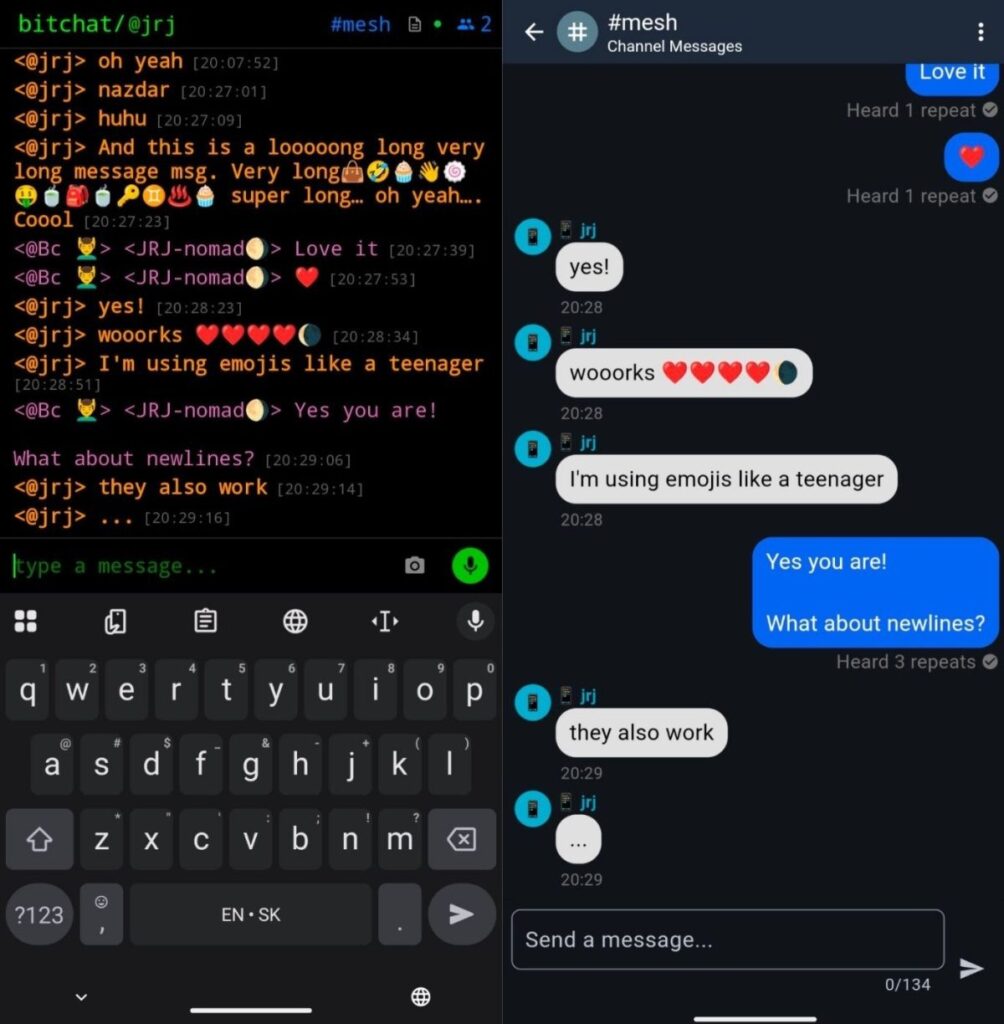Ejemplo de envío de mensaje de texto por bitchat y meshcore.