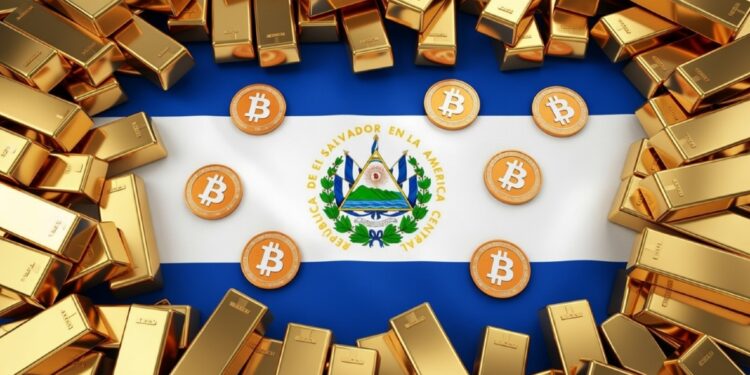 Bandera de El Salvador con lingotes de oro alrededor y algunas monedas de bitcoin.