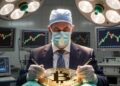 Un cirujano con traje de Wall Street (corbata, traje elegante, logo de banco) operando sobre un "paciente" que es un Bitcoin gigante.