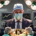 Un cirujano con traje de Wall Street (corbata, traje elegante, logo de banco) operando sobre un "paciente" que es un Bitcoin gigante.