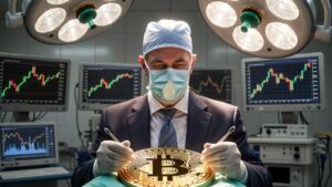 Un cirujano con traje de Wall Street (corbata, traje elegante, logo de banco) operando sobre un "paciente" que es un Bitcoin gigante.