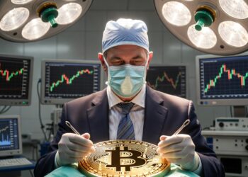 Un cirujano con traje de Wall Street (corbata, traje elegante, logo de banco) operando sobre un "paciente" que es un Bitcoin gigante.