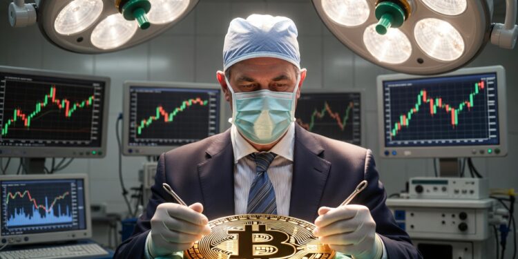 Un cirujano con traje de Wall Street (corbata, traje elegante, logo de banco) operando sobre un "paciente" que es un Bitcoin gigante.