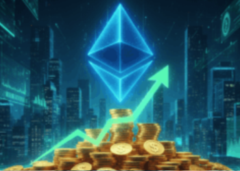 Monedas de Ethereum y gráficos de precio con una flecha ascendente.