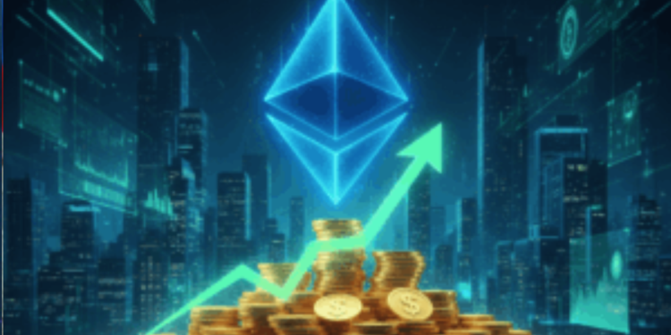 Monedas de Ethereum y gráficos de precio con una flecha ascendente.