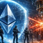 Ethereum protegido por un escudo digital frente a la computación cuántica en un entorno tecnológico futurista.