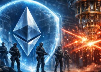 Ethereum protegido por un escudo digital frente a la computación cuántica en un entorno tecnológico futurista.
