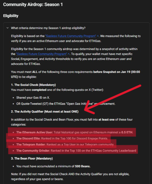 Captura de pantalla del proyecto ETHGas y sus requisitos para el airdrop.