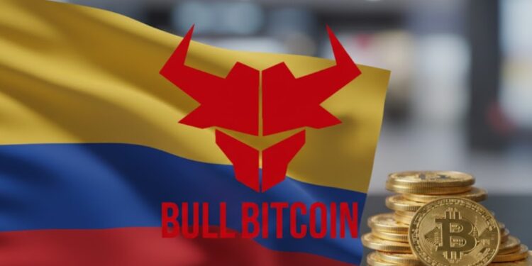 Imagen de la bandera de Colombia, junto a monedas de bitcoin y el logo de Bull Bitcoin.