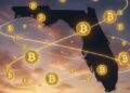 Silueta del estado de Florida con bitcoin alrededor.