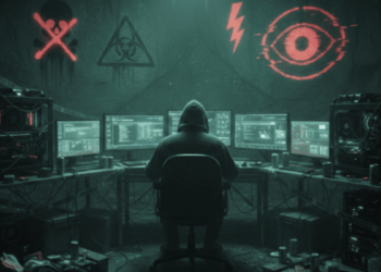 Un hacker operando desde una cueva con computadoras.