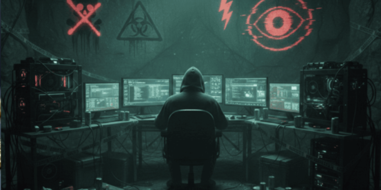 Un hacker operando desde una cueva con computadoras.