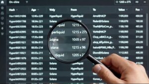 Inspección de transferencias on-chain Hyperliquid-Solana con lupa.