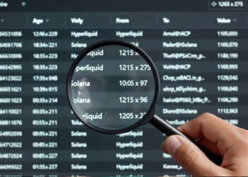 Inspección de transferencias on-chain Hyperliquid-Solana con lupa.