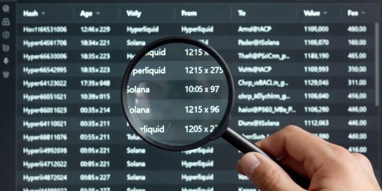 Inspección de transferencias on-chain Hyperliquid-Solana con lupa.