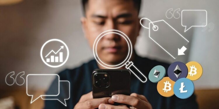 una persona usando el celular, detrás gráficos de precio, monedas de criptomonedas y una lupa observando lo que la gente dice en X.
