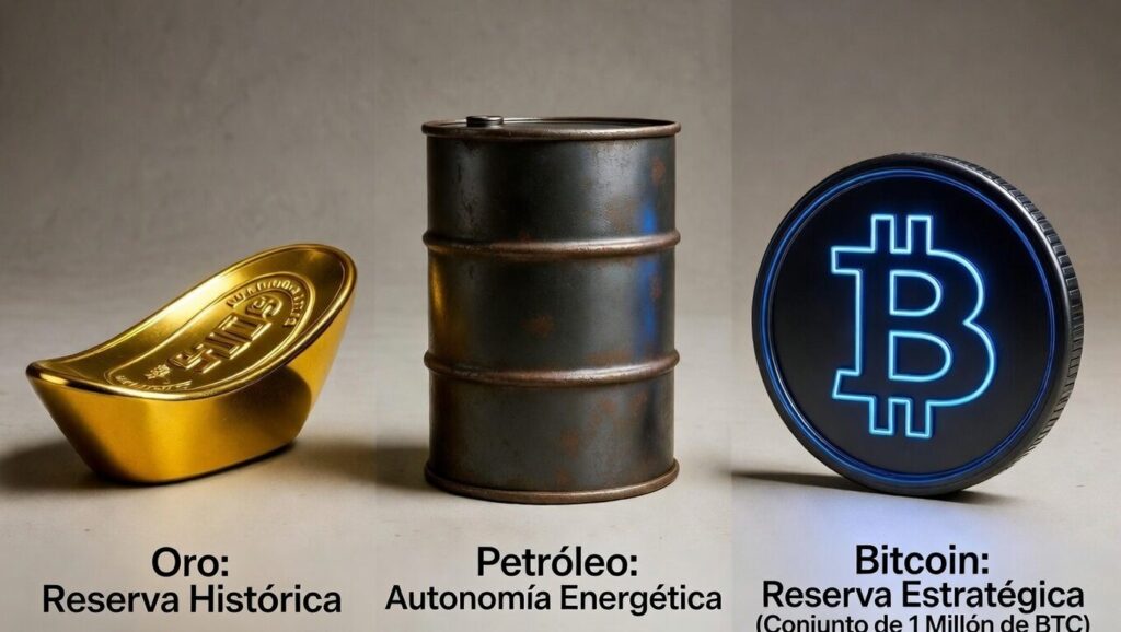 iconos de oro, un barril de petróleo y el símbolo de bitcoin en representación de la estrategia que estaría en mente de Donald Trump, según análisis de Paul Barron.