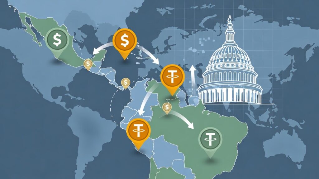Logos de USDT y USDC distribuidos en un mapa en varios países de Latinoamérica y provenientes de Estados Unidos.