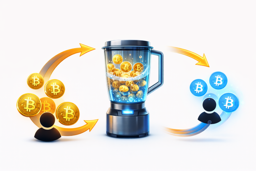 Ilustración realista de un mezclador de Bitcoin donde monedas digitales entran a una licuadora y salen redistribuidas hacia distintos usuarios, simbolizando la ofuscación del rastro de las transacciones.