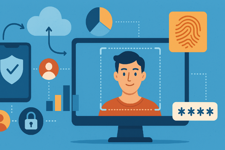 Infografía animada que representa la identidad digital: incluye avatar, huella dactilar, candado, gráficos y conexión en red