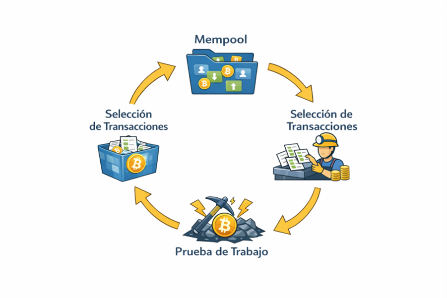 Infografía que muestra el proceso de minería de Bitcoin: mempool, selección de transacciones, creación del bloque, prueba de trabajo, ajuste de dificultad y enlace a la blockchain.