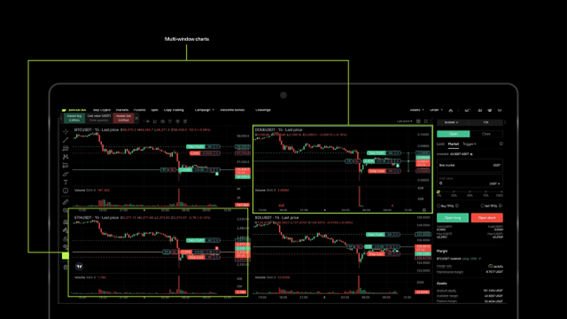 Multiples graficos de velas sobre fondo negro.